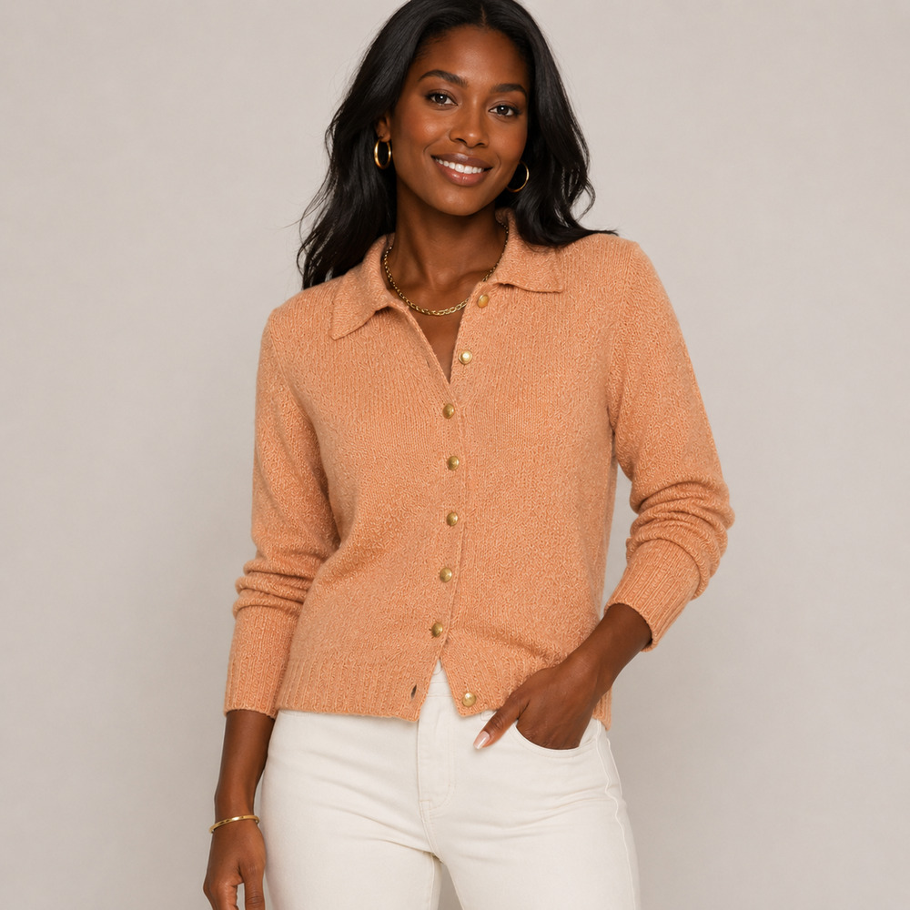 Vintage St John Knits Cardigan Sweater M Peach Gold Button Collared